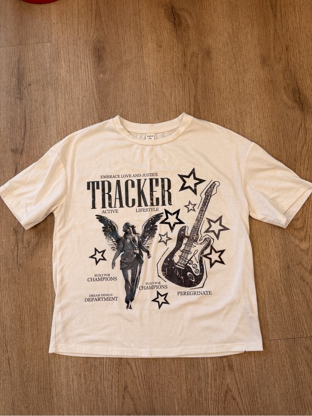 SHEIN Teen White Short Sleeve Graphic Tee with Black Guitar & Angel Design